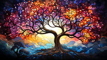 A Beautiful Tree Of Life With Huge Canopy Branches In The Style Of Alcohol Ink,Fractal Art