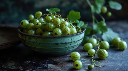  a green bowl filled with green berries next to a bunch of green leaves and a green plant on a table.