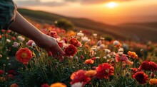  A Person Picking Flowers From A Field With The Sun Setting Over The Hills In The Backgroound Of The Picture.