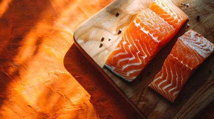  a close up of two pieces of fish on a cutting board on top of a wooden table next to another piece of fish on a cutting board.