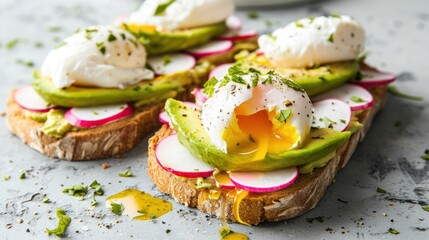 Wall Mural -  a close up of a sandwich with avocado, eggs, and radishes on a piece of bread.