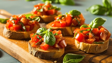 Wall Mural -  a wooden cutting board topped with slices of bread covered in tomato sauce and green leafy garnishes.