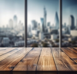 The empty wooden table top with blur background of downtown business district