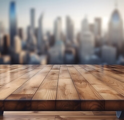 Aufkleber - The empty wooden table top with blur background of downtown business district