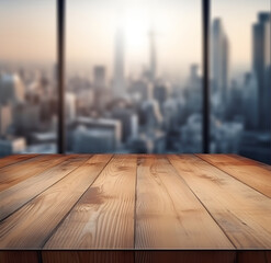 Aufkleber - The empty wooden table top with blur background of downtown business district