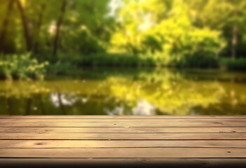 Poster - empty wooden table with blurry forest river background