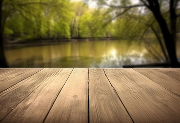 Poster - empty wooden table with blurry forest river background