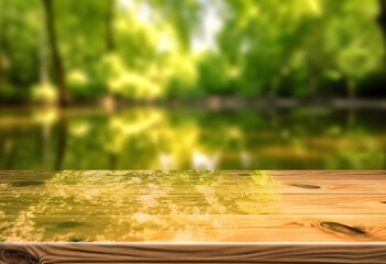 Poster - empty wooden table with blurry forest river background