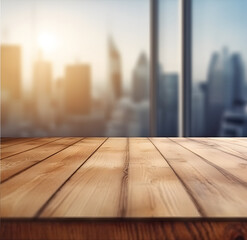 Poster - The empty wooden table top with blur background of downtown business district