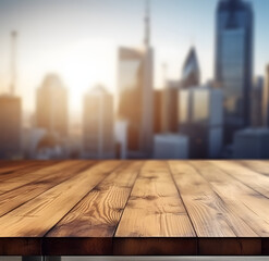 Poster - The empty wooden table top with blur background of downtown business district