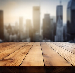 Poster - The empty wooden table top with blur background of downtown business district