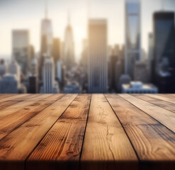 The empty wooden table top with blur background of downtown business district