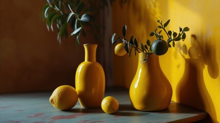 Wall Mural -  a couple of yellow vases sitting on top of a table next to lemons and a potted plant.