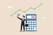 © Yunus - Cost management or expense analysis, reduce cost to gain more profit concept, smart businessman using magnifying glass to analyze cost chart with calculator.