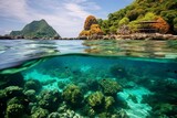 Fototapeta Do akwarium - Scenic island with vibrant coral reef in a beautiful bay. Generative AI