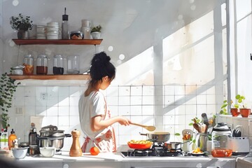 Cute watercolor painting of woman do homemade cooking cozy home.