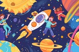 Fototapeta Londyn - Children astronaut fantasy with planets stars rocket and sun, girl and boy flying in galaxy.Vector illustration in flat cartoon style