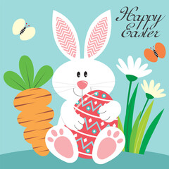 Canvas Print - happy easter card with bunny, egg, carrot and flower