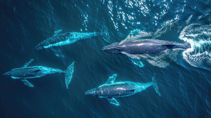 Wall Mural - Aerial perspective of whales swimming in deep blue.