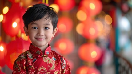 A Chinese boy wears the national costume or cheongsam with a red Chinese lantern in the background. Smile and wish you a Happy New Year.