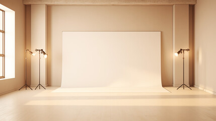 Fototapete - Empty stage light on beige background. Mock up Product with Generative Ai.
