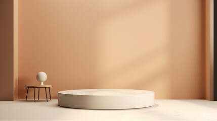 Fototapete - Empty stage light on beige background. Mock up Product display podium with Generative Ai.