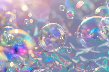 Wall Mural - Macro shot bubbles flying on a holographic foil background minimalist photorealistic