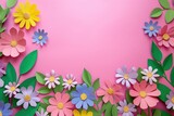 Fototapeta Maki - Top view of colorful paper cut flowers on colorful background with copy space.