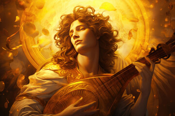 
Illustration of Apollo, god of the sun and music, playing a golden lyre with the sun shining brightly behind him