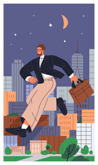 Poster - Happy employee, business man flying over night city. Excited office worker, businessman running, jumping over skyscrapers in big metropolis. Fast busy lifestyle concept. Flat vector illustration