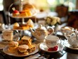 An elegant afternoon tea service with cakes, sandwiches, and pastries on a well-set table.