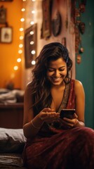 Canvas Print - A woman sitting on a bed looking at her cell phone