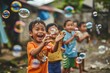 © robertuzhbt89 - Joyful children playing with soap bubbles outdoors in a rural setting.