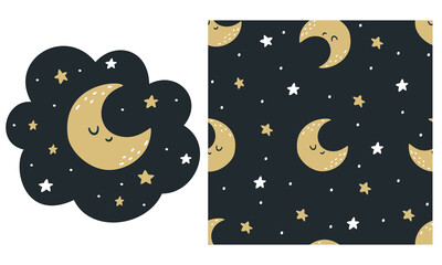 vector set for children's products. seamless pattern on dark background with moon and stars. printab