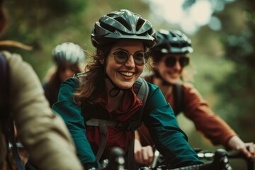 Wall Mural - Group of happy cyclists on a forest trail, focus on woman with helmet smiling at the camera.