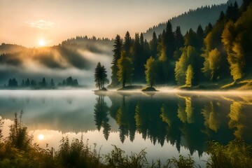 Wall Mural - Misty morning scene of Lacu Rosu lake. Foggy summer sunrise in Harghita County, Romania, Europe. Beauty of nature concept background. 