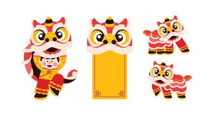 Lion dance, chinese new year elements in modern minimalist geometric style. Colorful illustration in flat vector cartoon style. Cute chinese lion costume on white isolated background.