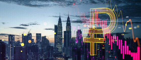 Poster - Abstract falling forex chart arrow and ruble icon on blurry wide night city background. Financial crisis, trade and recession concept. Double exposure.