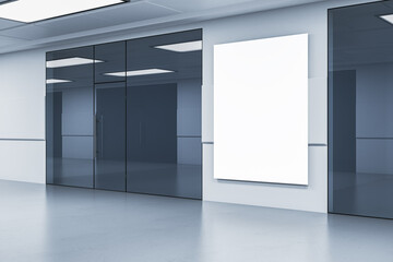 Poster - Modern hospital corridor interior with empty mock up banner, glass doors. 3D Rendering.