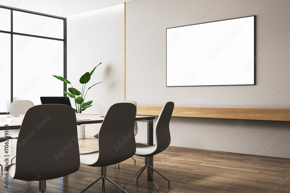 Modern conference room interior with empty white mock up poster on wall ...
