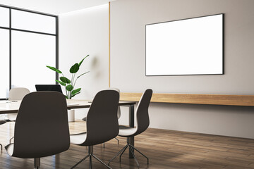 Wall Mural - Modern conference room interior with empty white mock up poster on wall, wooden flooring, negotiations furniture and panoramic window with city view. 3D Rendering.