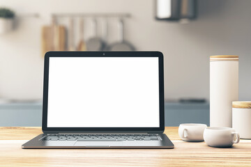 Poster - Laptop with empty screen on wooden tabletop, kitchen background. 3D Rendering