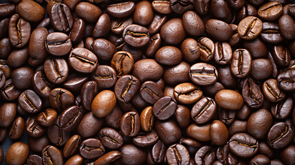 Wall Mural - roasted fresh brown coffee beans background, top view, International Coffee Day