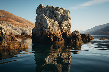 Wall Mural - Featuring an interesting single rock formation that rises directly from the calm waters. The shape is unique and the texture of the rock is rough