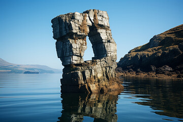 Wall Mural - Featuring an interesting single rock formation that rises directly from the calm waters. The shape is unique and the texture of the rock is rough