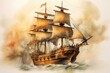 A watercolor sketch of an old pirate ship on light brown paper. Generative AI