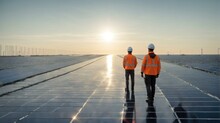 Two Men In Orange Vests Walking On A Huge Solar Panel. Generative AI.