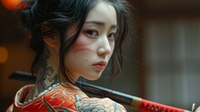 Tattooed Japanese Warrior Girl With Katana.