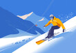 A skier rushes down the mountainside against the backdrop of an alpine village. Vector illustration