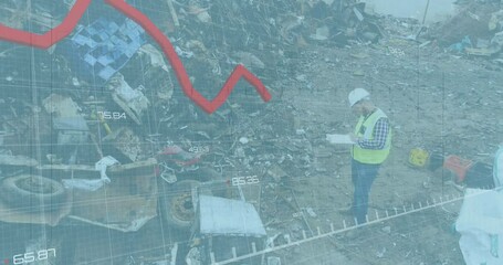 Poster - Animation of statistical data processing against aerial view of male worker working at junkyard
